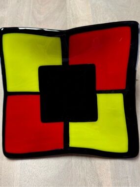 MCM Vintage Red, Chartreuse, and Black Glass Art Dish
